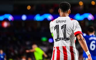 epa10136995 Cody Gakpo of PSV Eindhoven during the UEFA Champions League second leg play off match between PSV Eindhoven and Rangers FC in Eindhoven, Netherlands, 24 August 2022.  EPA/OLAF KRAAK
