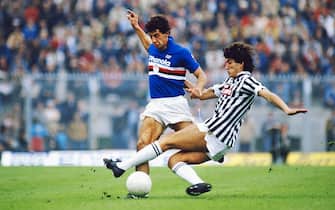 GENOA, ITALY - OCTOBER 10: UC Sampdoria striker Gianluca Vialli (l) rides the challenge of Paolo Pochesci of Ascoli (r) during a match circa 1984 in Genoa, Italy. (Photo by Trevor Jones/Allsport/Getty Images)