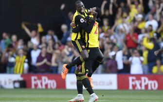 epa06992919 Watford's Abdoulaye Doucoure (L) and Etienne Capoue (R) celebrate their win after the English Premier League soccer match between Watford and Tottenham Hotspur at Vicarage Road, Watford, London, Britain, 02 September 2018.  EPA/WILL OLIVER EDITORIAL USE ONLY. No use with unauthorized audio, video, data, fixture lists, club/league logos or 'live' services. Online in-match use limited to 120 images, no video emulation. No use in betting, games or single club/league/player publications.