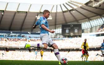 MANCHESTER, ENGLAND - SEPTEMBER 21: Kevin De Bruyne of Manchester City during the Premier League match between Manchester City and Watford FC at Etihad Stadium on September 21, 2019 in Manchester, United Kingdom. (Photo by Robbie Jay Barratt - AMA/Getty Images)