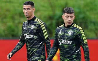 Manchester United's Diogo Dalot, Cristiano Ronaldo, Lisandro Martinez and Antony during a training session at the Aon Training Complex, Greater Manchester. Picture date: Wednesday September 14, 2022.