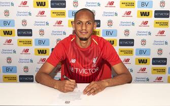 LIVERPOOL, ENGLAND - MAY 28: (THE SUN OUT, THE SUN ON SUNDAY OUT) Fabinho signs for Liverpool Football Club at Melwood Training Ground on May 28, 2018 in Liverpool, England. (Photo by Nick Taylor/Liverpool FC/Liverpool FC via Getty Images)
