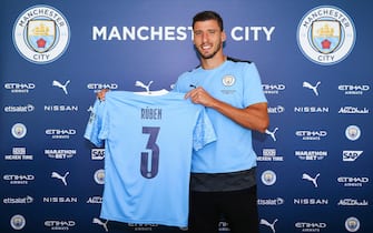 MANCHESTER, ENGLAND - SEPTEMBER 29: Manchester City unveil new signing RÃºben Dias at the Etihad Stadium on September 29, 2020 in Manchester, England. (Photo by Matt McNulty - Manchester City/Manchester City FC via Getty Images)