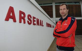 ST ALBANS, ENGLAND - JUNE 26:  (EXCLUSIVE COVERAGE) (MINIMUM FEES APPLY - 150 GBP PRINT AND ON AIR & 75 GBP ONLINE OR LOCAL EQUIVALENT, PER IMAGE) Petr Cech signs for Arsenal Football Club at the Arsenal Training Ground at London Colney on June 26, 2015 in St Albans, England.  (Photo by David Price/Arsenal FC via Getty Images)