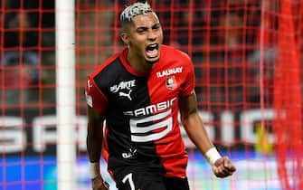 Rennes' Brazilian forward Raphinha celebrates after scoring during the French Ligue 1 football match between Stade Rennais and F.C. Nantes, at the Roazhon Park stadium in Rennes, northwestern France on January 31, 2020. (Photo by DAMIEN MEYER / AFP) (Photo by DAMIEN MEYER/AFP via Getty Images)