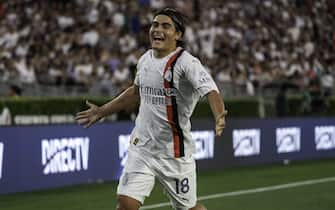 AC Milan forward Luka Romero (18) celebrates after scoring a goal during the Soccer Champions Tour against Real Madrid, Sunday, July 23, 2023, at the Rose Bowl, in Pasadena, CA. Real Madrid defeated AC Milan 3-2. (Jon Endow/Image of Sport/Sipa USA)