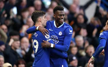 Chelsea's Kai Havertz celebrates scoring their side's first goal of the game with team-mate Benoit Badiashile during the Premier League match at Stamford Bridge, London. Picture date: Sunday January 15, 2023.