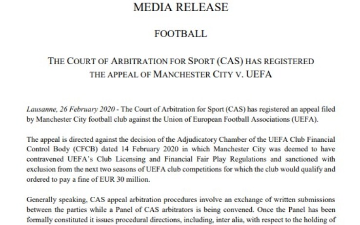 Il comunicato ufficiale del Cas pubblicato sul sito del Tribunale Arbitrale per lo Sport