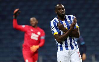 epa08796522 FC Porto player Moussa Marega celebrates after scoring a goal against Marseille during their UEFA Champions League soccer match held at Dragao stadium, Porto, Portugal, 03  November 2020.  EPA/ESTELA SILVA