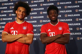MUNICH, GERMANY - SEPTEMBER 21: Leroy Sane of FC Bayern Muenchen attends with his team mate Alphonso Davis the FC Bayern Muenchen and Paulaner photo session at Nockherberg on September 21, 2020 in Munich, Germany. (Photo by Alexander Hassenstein/Getty Images for Paulaner)