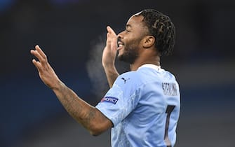 epa08873556 Raheem Sterling of Manchester City celebrates scoring his team's third goal during the UEFA Champions League group C soccer match between Manchester City and Olympique Marseille in Manchester, Britain, 09 December 2020.  EPA/Peter Powell / POOL