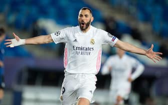 (210317) -- MADRI, March 17, 2021 (Xinhua) -- Real Madrid's Karim Benzema celebrates scoring during a UEFA Champions League round of 16 second leg football match between Real Madrid and Atlanta in Madrid, Spain, Mar. 16, 2021. (Xinhua/Meng Dingbo) - Meng Dingbo -//CHINENOUVELLE_1.0673/2103170849/Credit:CHINE NOUVELLE/SIPA/2103170852