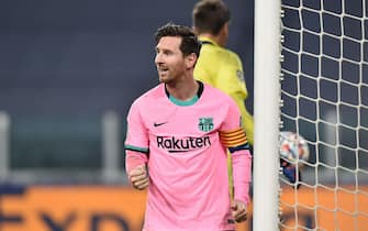 Barcelona’s Lionel Messi jubilates after scoring the goal (0-2) during the Uefa Champions Legue soccer match Juventus FC vs Barcelona FC at the Allianz stadium in Turin, Italy, 28 October 2020.ANSA/ALESSANDRO DI MARCO
