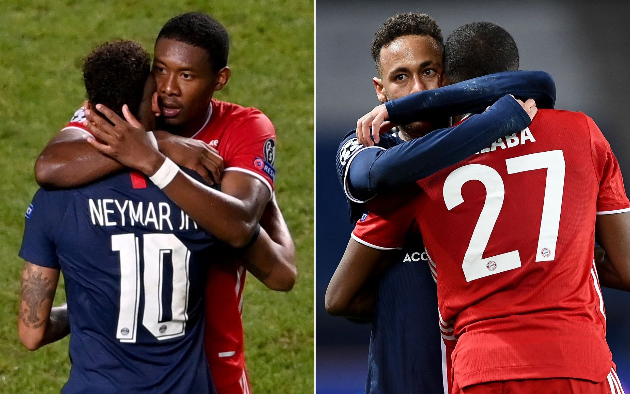 A sinistra l'abbraccio di Alaba a Neymar dopo la finale del 2020. A destra quello di Neymar a Alaba dopo i quarti vinti dal Psg A sinistra l'abbraccio di Alaba a Neymar dopo la finale del 2020. A destra quello di Neymar a Alaba dopo i quarti vinti dal Psg
