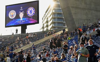 PORTO, PORTUGAL - MAY 29: A general view inside the stadium of fans seated and of the LED Screen displaying information regarding the UEFA Champions League Final between Manchester City and Chelsea FC at Estadio do Dragao on May 29, 2021 in Porto, Portugal. (Photo by David Ramos/Getty Images)