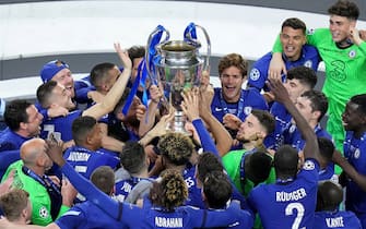 Chelsea players celebrate with the trophy after the UEFA Champions League final match held at Estadio do Dragao in Porto, Portugal. Picture date: Saturday May 29, 2021. (Photo by Adam Davy/PA Images via Getty Images)