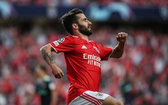 epa09419492 Benfica's Rafa celebrates after scoring a goal during the UEFA Champions League play-off first leg soccer match against PSV Eindhoven at Luz Stadium, in Lisbon, Portugal, 18 August 2021.  EPA/MARIO CRUZ