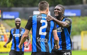 Club's Eduard Sobol and Club's Clinton Mata celebrate after scoring during a soccer match between Royal Union Saint-Gilloise and Club Brugge, Sunday 01 August 2021 in Brussels, on day 2 of the 2021-2022 'Jupiler Pro League' first division of the Belgian championship. BELGA PHOTO LAURIE DIEFFEMBACQ (Photo by LAURIE DIEFFEMBACQ/Belga/Sipa USA)