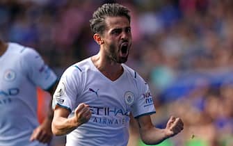 Manchester City's Bernardo Silva celebrates scoring their side's first goal of the game during the Premier League match at The King Power Stadium, Leicester. Picture date: Saturday September 11, 2021.