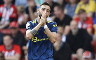 Southampton, England, 22nd August 2021. Bruno Fernandes of Manchester United reacts during the Premier League match at St Mary's Stadium, Southampton. Picture credit should read: Paul Terry / Sportimage via PA Images