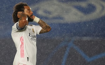 epa09164172 Madrid's Marcelo reacts during the UEFA Champions League semifinal first leg soccer match between Real Madrid CF and Chelsea FC at Alfredo Di Stefano stadium in Madrid, Spain, 27 April 2021.  EPA/JUANJO MARTIN