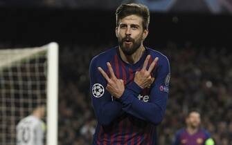 Gerard Pique of FC Barcelona celebrates his goal during the match between FC Barcelona vs Olympique Lyon of UEFA Champions League 2018-2019, round of 16, second leg, played at the Camp Nou Stadium. Barcelona, Spain, 13 MAR 2019.