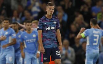 Manchester, England, 15th September 2021.  Dejected Dani Olmo of RB Leipzig during the UEFA Champions League match at the Etihad Stadium, Manchester. Picture credit should read: Darren Staples / Sportimage via PA Images via PA Images