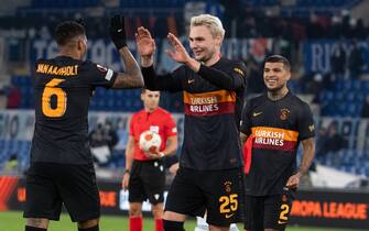 GalatasarayÕs players jubilates at the end of Europa League soccer match between SS Lazio and Galatasaray AS at Olimpico Stadium in Rome, 09 December 2021. ANSA/MAURIZIO BRAMBATTI 