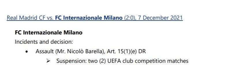 Barella squalificato La decisione dell'Uefa