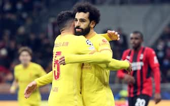 Liverpool's Mohamed Salah  (R) jubilates after scoring goal of 1 to 1 with his teammate Alex Oxlade-Chamberlain  during he UEFA Champions League group B soccer match between Ac Milan and Liverpool at Giuseppe Meazza stadium in Milan, 7 December 2021.
ANSA / MATTEO BAZZI

