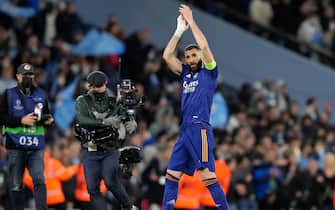 Manchester, England, 26th April 2022.  Karim Benzema of Real Madrid applauds after the UEFA Champions League match at the Etihad Stadium, Manchester. Picture credit should read: Andrew Yates / Sportimage via PA Images