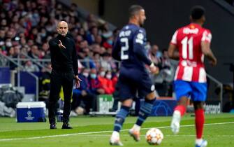 Manchester City manager Pep Guardiola gestures on the touchline during the UEFA Champions League quarter final, second leg match at the Wanda Metropolitano Stadium, Madrid. Picture date: Wednesday April 13, 2022.