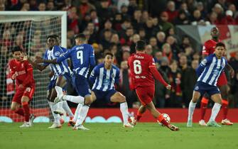 LIVERPOOL, ENGLAND - NOVEMBER 24: Thiago Alcantara of Liverpool scores a goal to make it 1-0 during the UEFA Champions League group B match between Liverpool FC and FC Porto at Anfield on November 24, 2021 in Liverpool, United Kingdom. (Photo by Matthew Ashton - AMA/Getty Images)