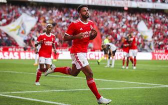epa10103053 Benfica player Goncalo Ramos celebrates after scoring a goal during the UEFA Champions League qualifying match between SL Benfica and FC Midtjylland held at Luz stadium in Lisbon, Portugal, 02 August 2022.  EPA/MIGUEL A. LOPES