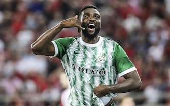 epa10094565 Maccabi Haifa's Frantzdy Pierrot react after scoring two consecutive goals during the UEFA Champions League second qualifying round, 2nd leg soccer match between Olympiacos Piraeus and Maccabi Haifa in Piraeus, Greece, 27 July 2022.  EPA/PANAGIOTIS MOSCHANDREOU