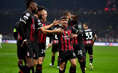(230215) -- MILAN, Feb. 15, 2023 (Xinhua) -- AC Milan's Brahim Diaz (4th L) celebrates his goal with his teammates during a UEFA Champions League round of 16 first leg match between AC Milan and Tottenham Hotspur in Milan, Italy, Feb. 14, 2023. (Photo by Alberto Lingria/Xinhua) - Alberto Lingria -//CHINENOUVELLE_09010113/Credit:CHINE NOUVELLE/SIPA/2302150929/Credit:CHINE NOUVELLE/SIPA/2302150947