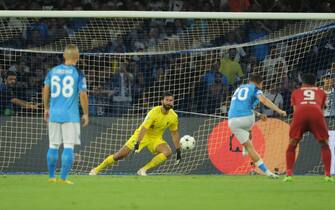   Napoli’s midfielder Piotr Zielinski  scores the goal during the UEFA Champions League first leg group A soccer match between SSC Napoli and Liverpool  FC  at the 'Diego Armando Maradona' stadium in Naples, Italy, 7 September 2022ANSA / CESARE ABBATE