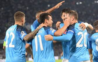 Hirving Lozano of SSC Napoli  is celebrated by his teammates after the goal during the Uefa Champions League  SSC Napoli and AFC Ajax  at Diego Armando Maradona Stadium