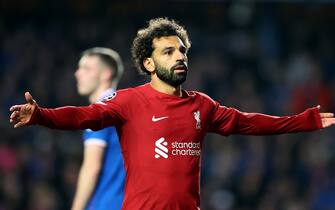 Liverpool's Mohamed Salah celebrates scoring their side's fourth goal of the game during the UEFA Champions League Group A match at the Ibrox Stadium, Glasgow. Picture date: Wednesday October 12, 2022.