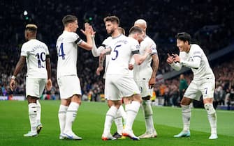 Tottenham Hotspur's Son Heung-min (right) celebrates scoring their side's third goal of the game during the UEFA Champions League Group D match at the Tottenham Hotspur Stadium, London. Picture date: Wednesday October 12, 2022.