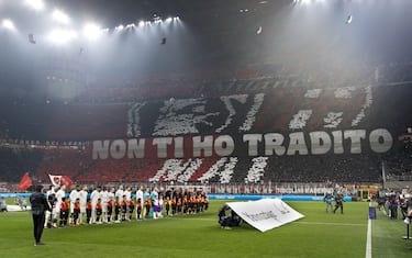 Milan, Italy. 14th Feb, 2023. Italy, Milan, feb 14 2023: ac Milan supporters' choreography says ''I didn't cheat on you'' during soccer game AC MILAN vs TOTTENHAM HOTSPUR, round of 16 1st leg UCL 2022-2023 San Siro stadium (Credit Image: © Fabrizio Andrea Bertani/Pacific Press via ZUMA Press Wire) EDITORIAL USAGE ONLY! Not for Commercial USAGE!