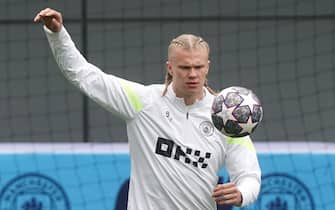 Manchester City's Erling Haaland during a training session at the City Football Academy, Manchester. Picture date: Monday April 10, 2023.