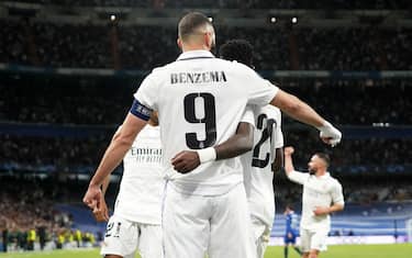 Real Madrid's Karim Benzema celebrates goal during Champions League Quarter-finals 1st leg match. April 12, 2023. Photo by Acero/AlterPhotos/ABACAPRESS.COM