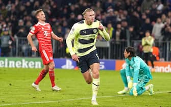 Manchester City's Erling Haaland celebrates scoring their side's first goal of the game during the UEFA Champions League quarter-final second leg match at Allianz Arena, Munich. Picture date: Wednesday April 19, 2023.