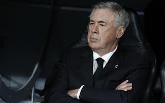 epa10617938 Real Madrid's head coach Carlo Ancelotti reacts during the UEFA Champions League semifinal first leg soccer match between Real Madrid and Manchester City at Santiago Bernabeu Stadium, in Madrid, Spain, 09 May 2023.  EPA/Juanjo Martin