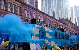 A general view of the first team bus during the Treble Parade in Manchester. Manchester City completed the treble (Champions League, Premier League and FA Cup) after a 1-0 victory over Inter Milan in Istanbul secured them Champions League glory. Picture date: Monday June 12, 2023.