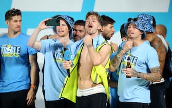 Manchester City's Jack Grealish on stage during the Treble Parade in Manchester. Manchester City completed the treble (Champions League, Premier League and FA Cup) after a 1-0 victory over Inter Milan in Istanbul secured them Champions League glory. Picture date: Monday June 12, 2023.