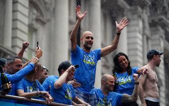Manchester City manager Pep Guardiola during the Treble Parade in Manchester. Manchester City completed the treble (Champions League, Premier League and FA Cup) after a 1-0 victory over Inter Milan in Istanbul secured them Champions League glory. Picture date: Monday June 12, 2023.