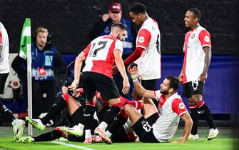 epa10870463 Players of Feyenoord celebrate a goal during the UEFA Champions League group E match between Feyenoord Rotterdam and Celtic FC  at De Kuip stadium in Rotterdam, Netherlands, 19 September 2023.  EPA/Olaf Kraak