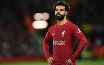 epa10279808 Liverpool's Mohamed Salah reacts during the UEFA Champions League group A soccer match between Liverpool FC and SSC Napoli in Liverpool, Britain, 01 November 2022.  EPA/PETER POWELL